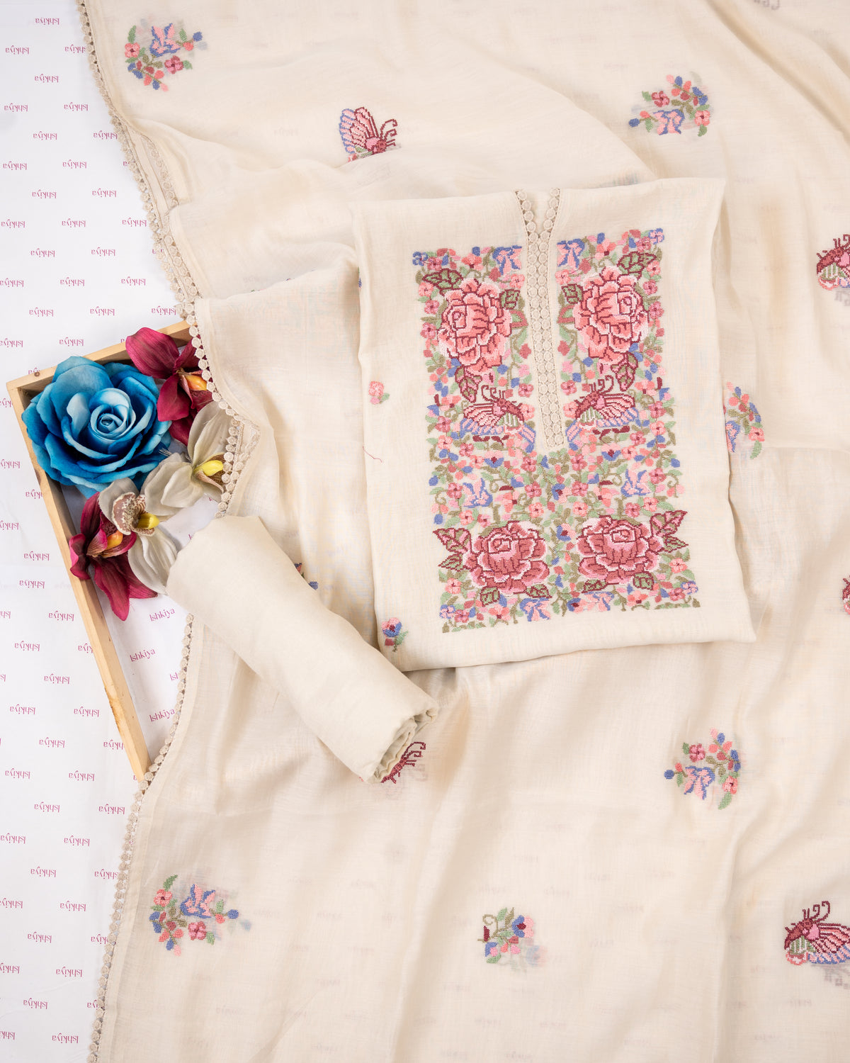 MANZIL-Unstitched Mul-Chanderi Suit Set