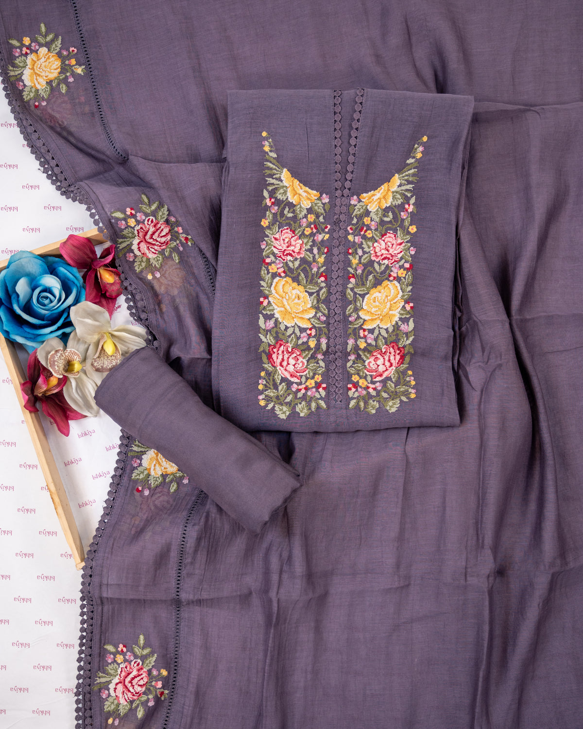 KIRAN-Unstitched Mul-Chanderi Suit Set
