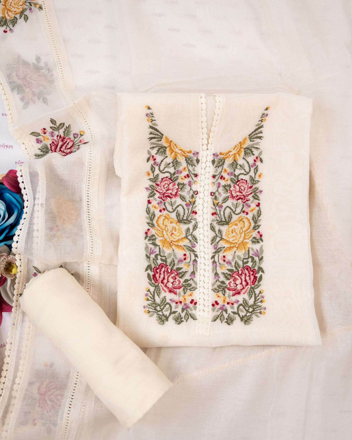 KIRAN-Unstitched Mul-Chanderi Suit Set