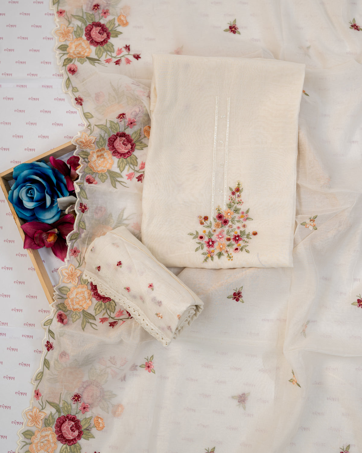 TAPISH-Unstitched Mul-Chanderi Suit Set