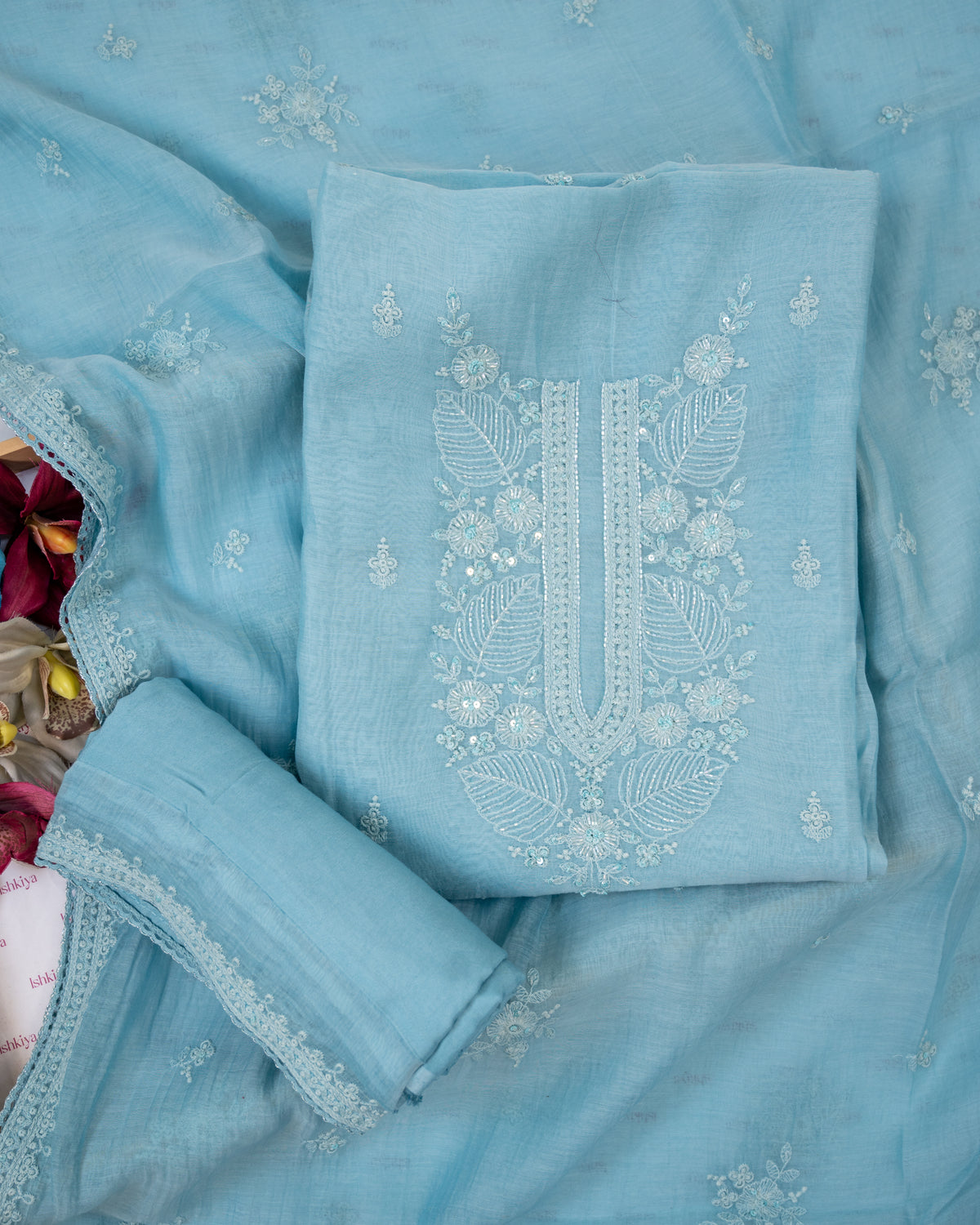 MOHAR-Unstitched Mul-Chanderi Suit Set