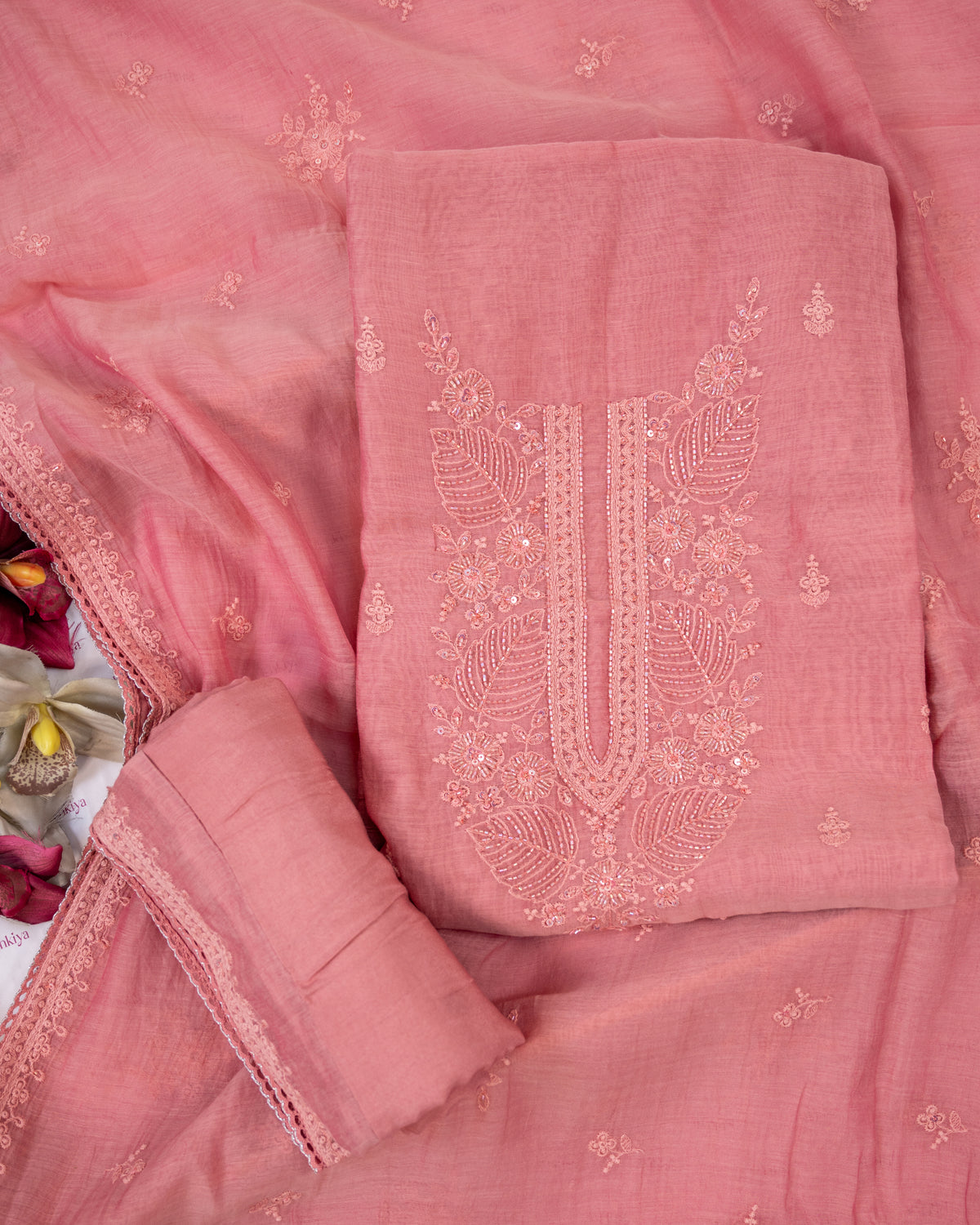 MOHAR-Unstitched Mul-Chanderi Suit Set