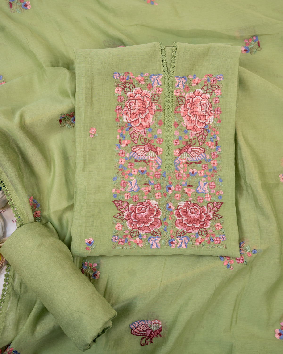 MANZIL-Unstitched Mul-Chanderi Suit Set