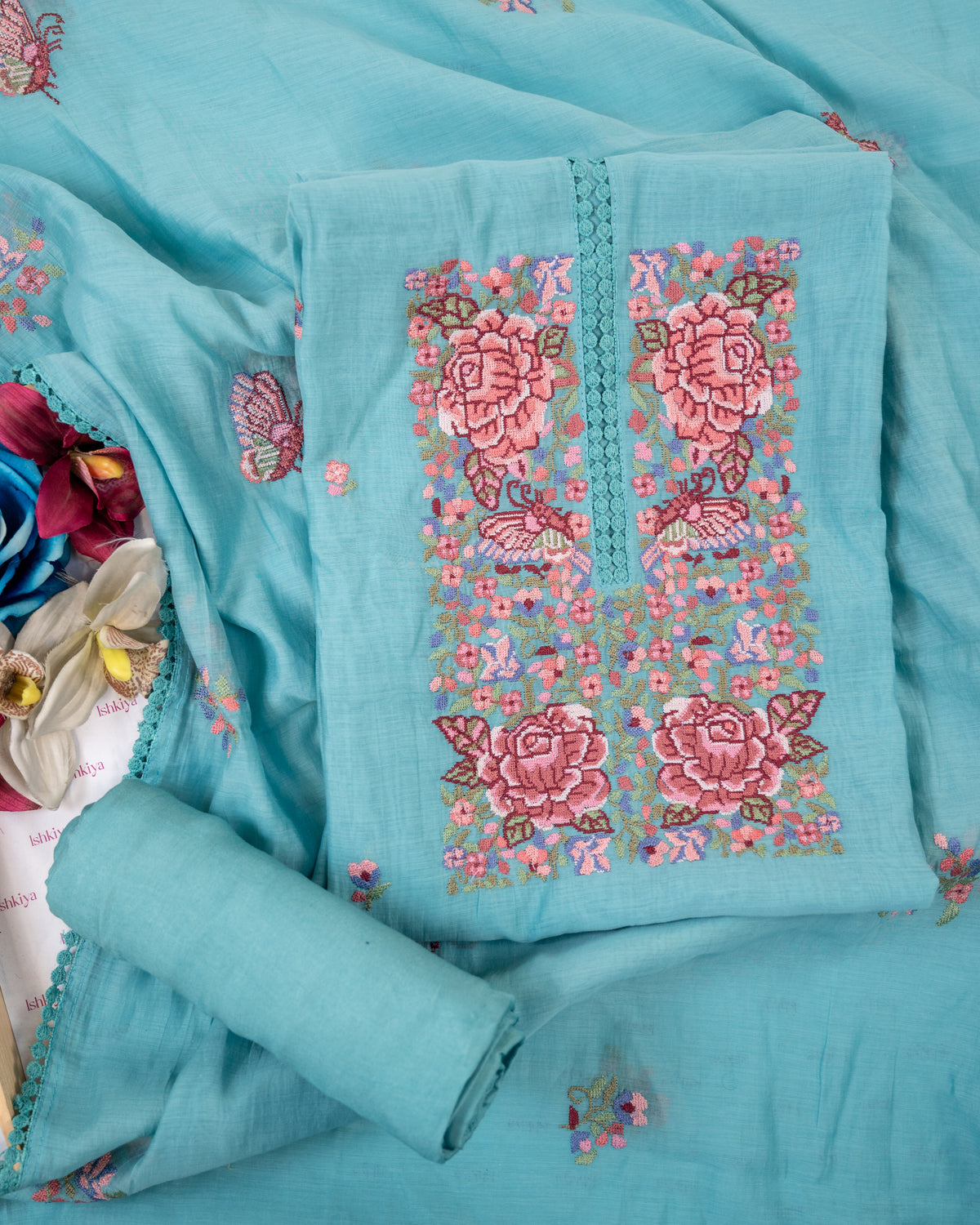 MANZIL-Unstitched Mul-Chanderi Suit Set