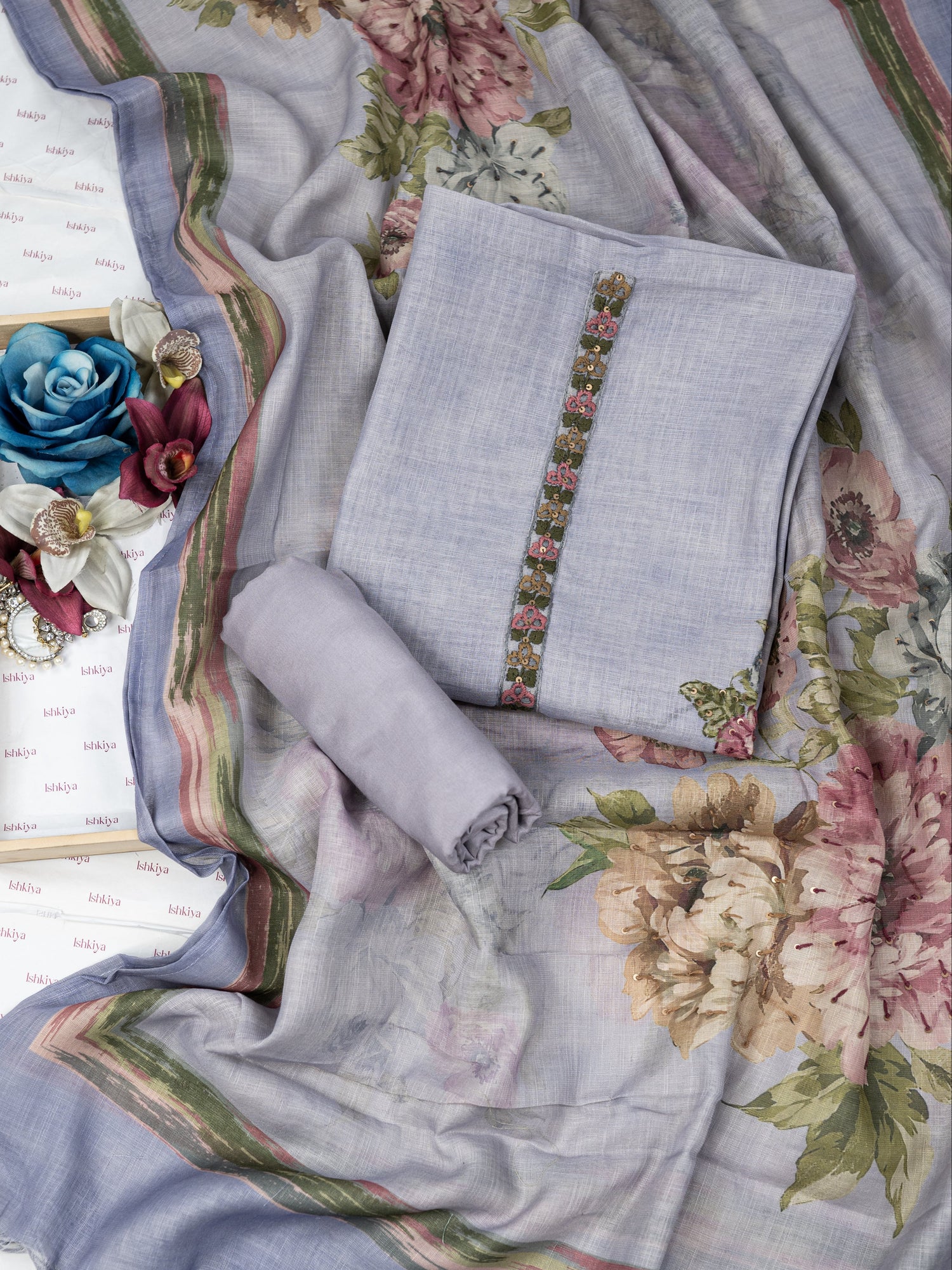 NAQSH-Unstitched Linen Tissue Suit Set
