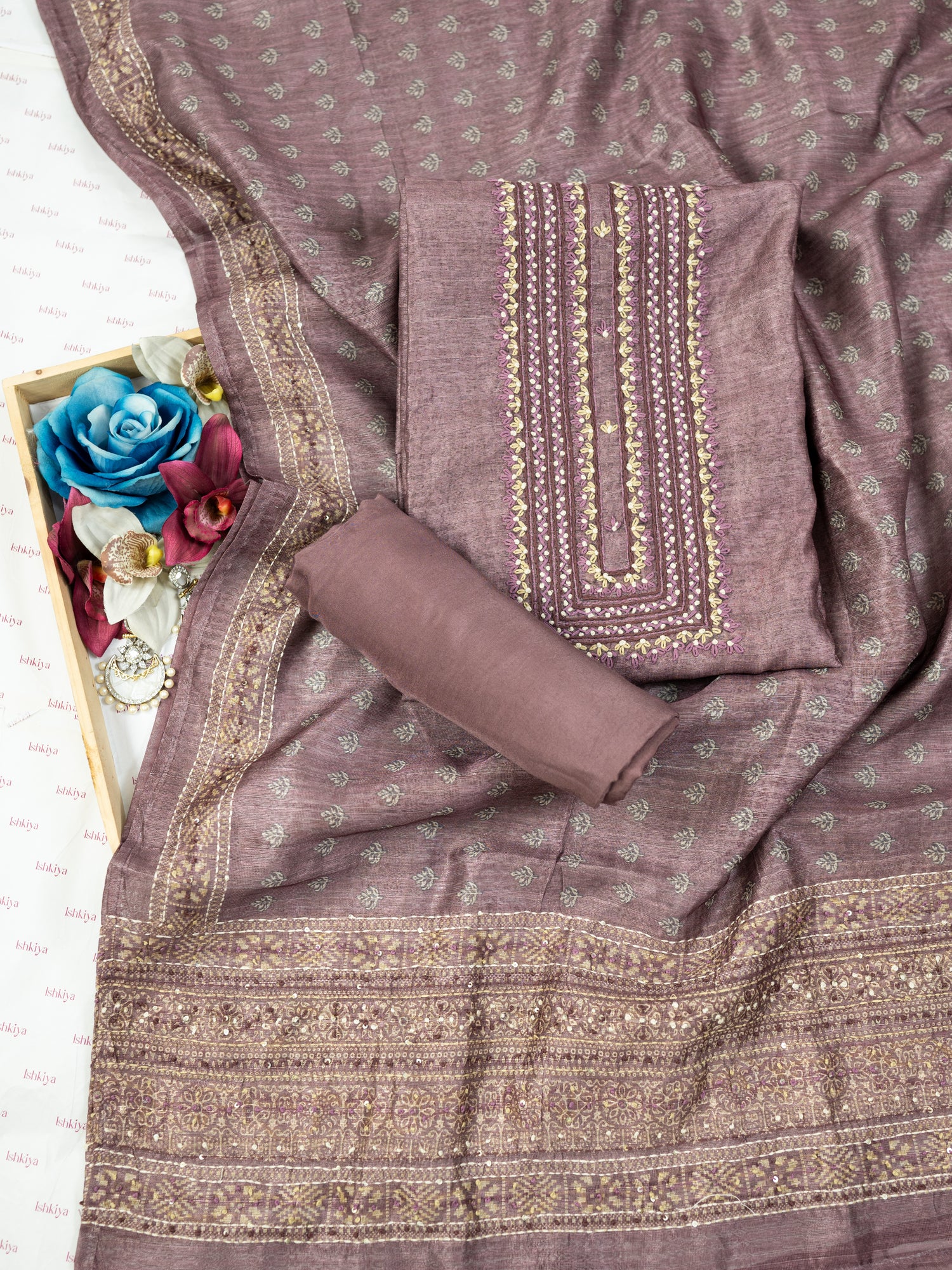 AMAAL-Unstitched Tussar Silk Suit Set