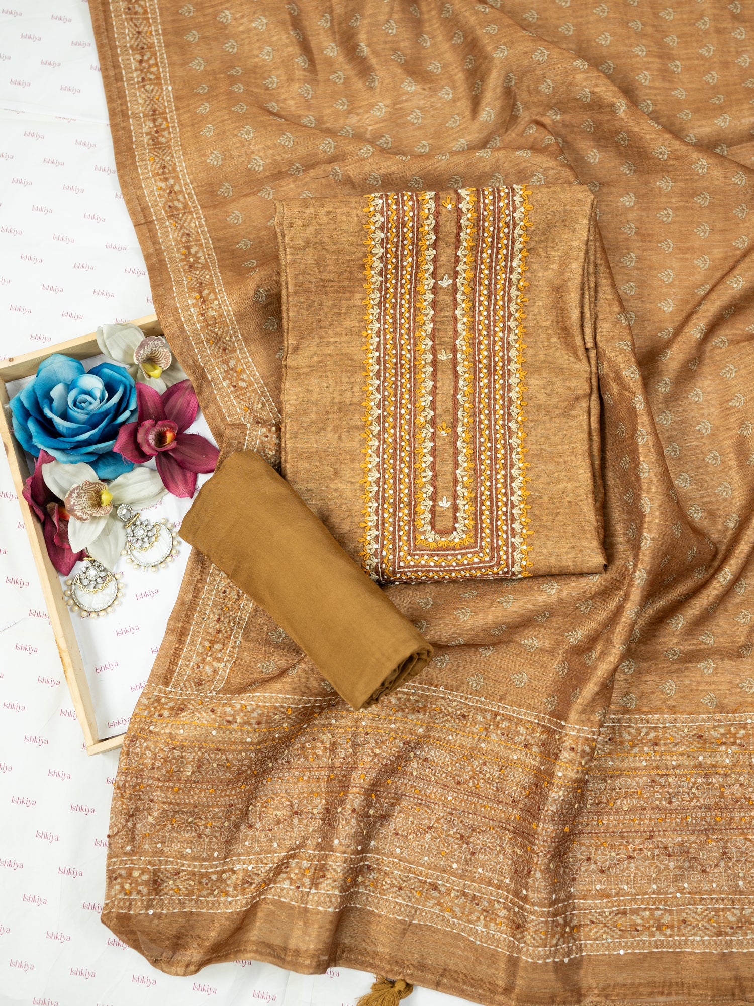 AMAAL-Unstitched Tussar Silk Suit Set