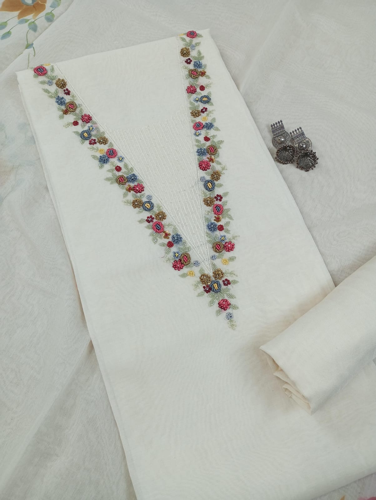 KIRAN-Unstitched Mul-Chanderi Suit Set