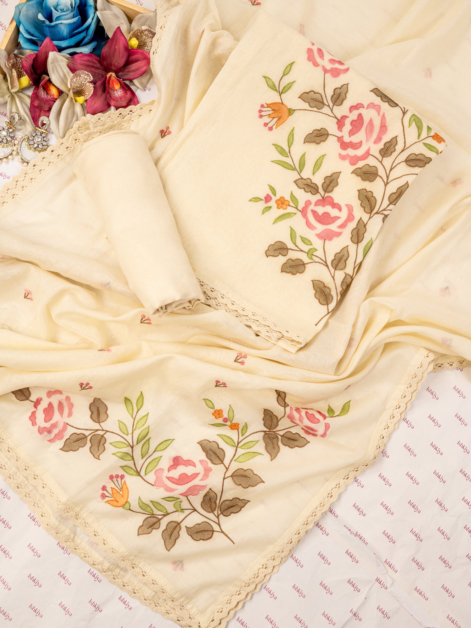 GULAAB-Unstitched Mul-Chanderi Suit Set