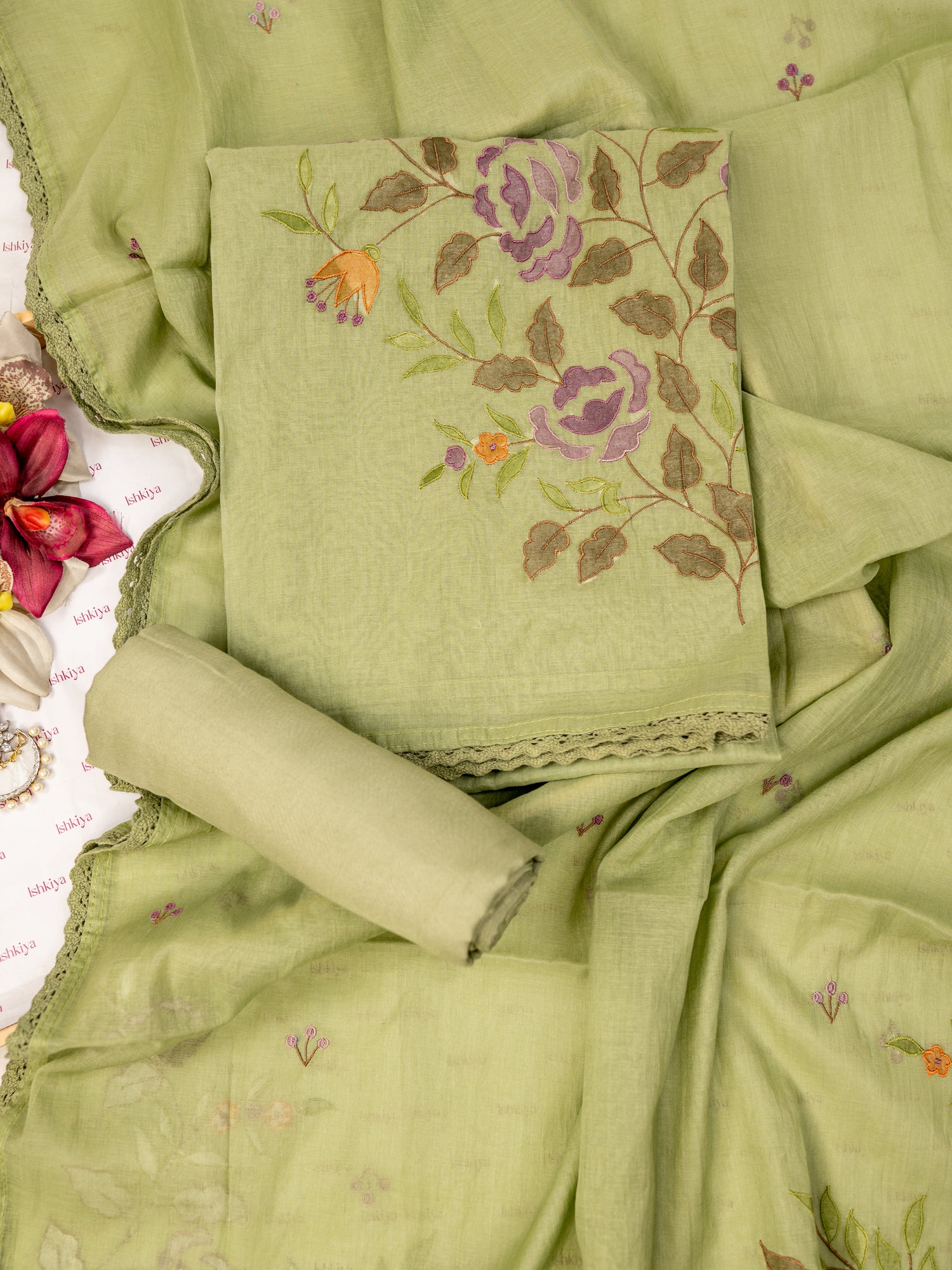 GULAAB-Unstitched Mul-Chanderi Suit Set