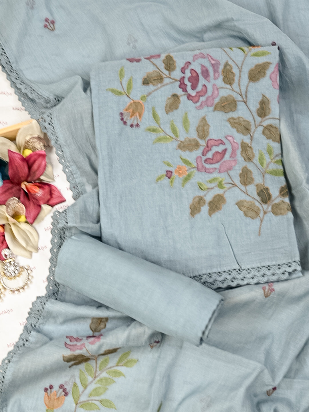 GULAAB-Unstitched Mul-Chanderi Suit Set