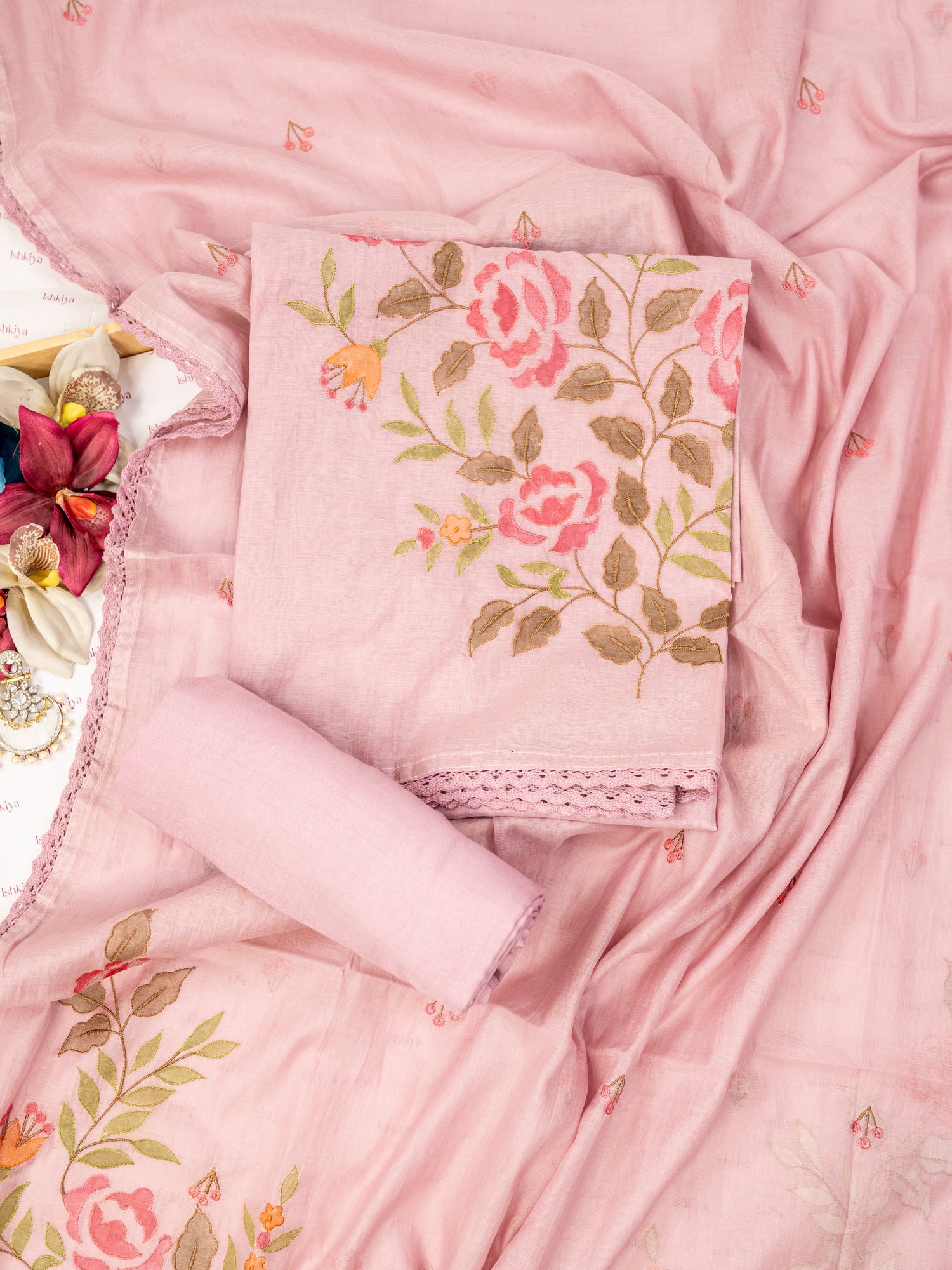 GULAAB-Unstitched Mul-Chanderi Suit Set