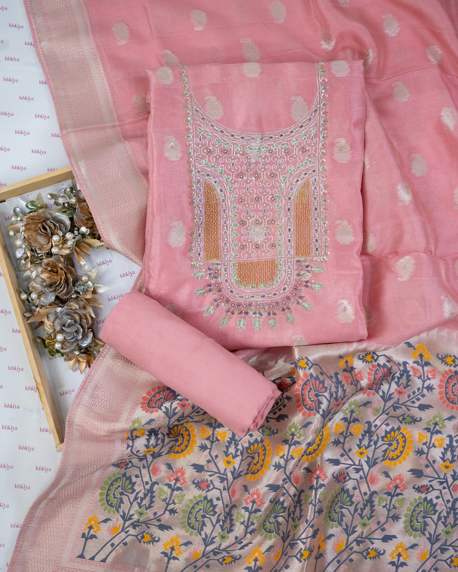 MADHUMALTI-Unstitched Linen Tissue Suit Set