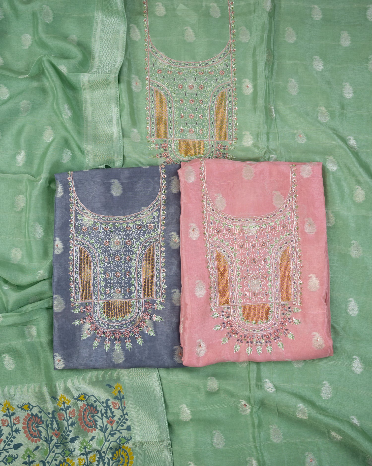 MADHUMALTI-Unstitched Linen Tissue Suit Set