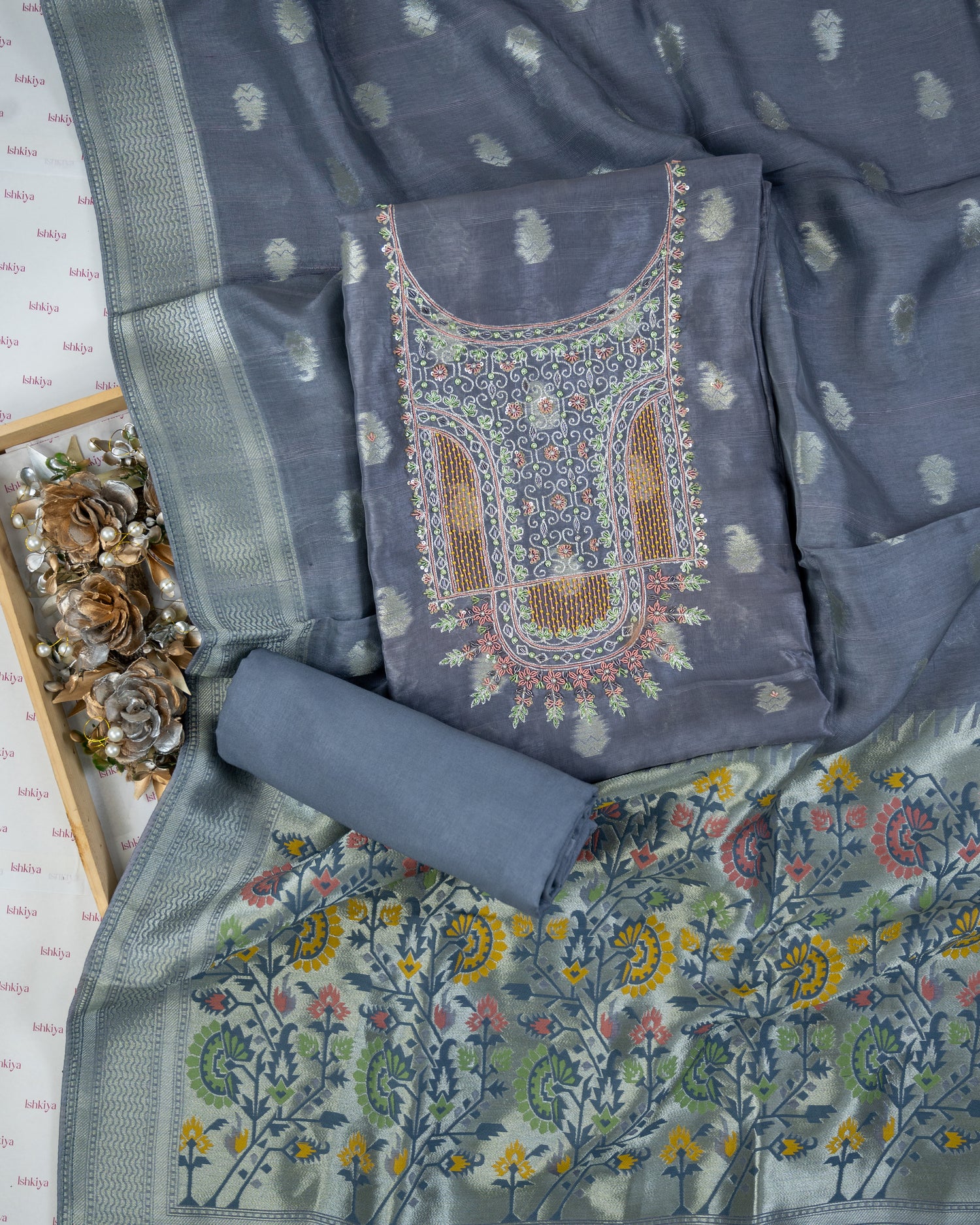 MADHUMALTI-Unstitched Linen Tissue Suit Set