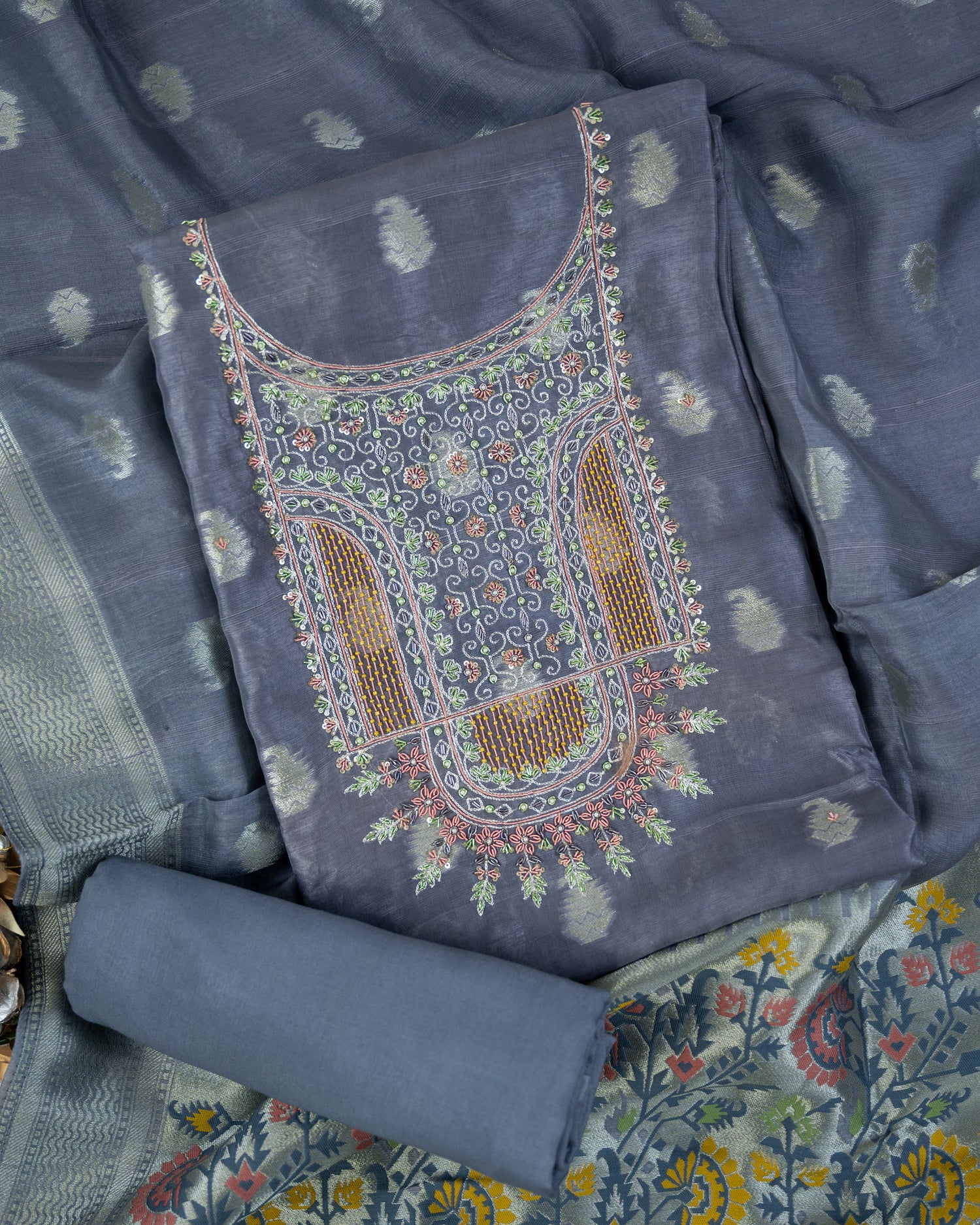 MADHUMALTI-Unstitched Linen Tissue Suit Set
