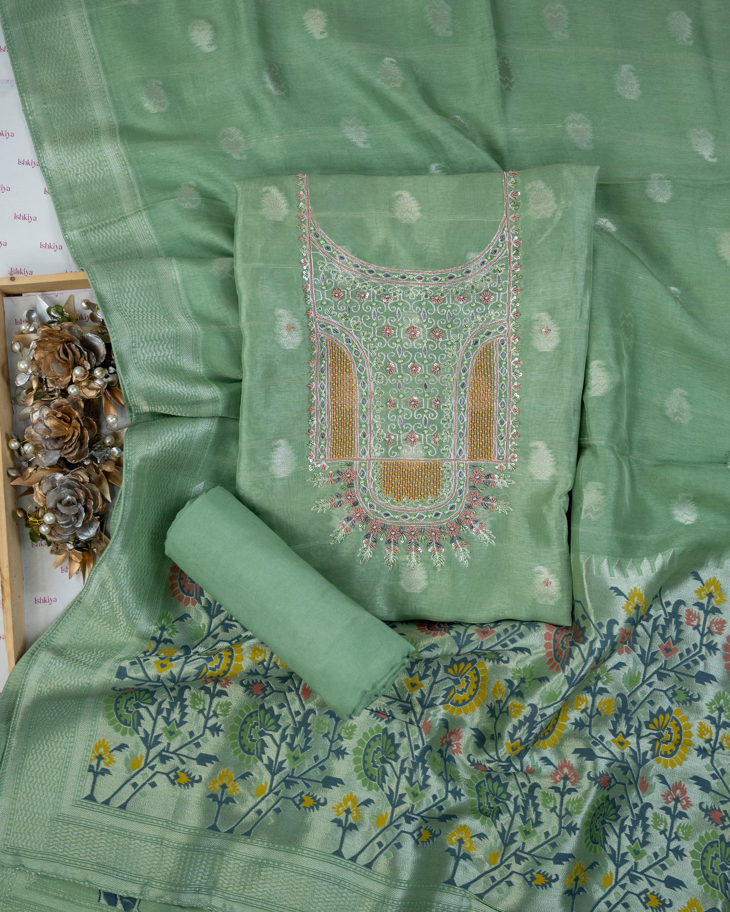 MADHUMALTI-Unstitched Linen Tissue Suit Set