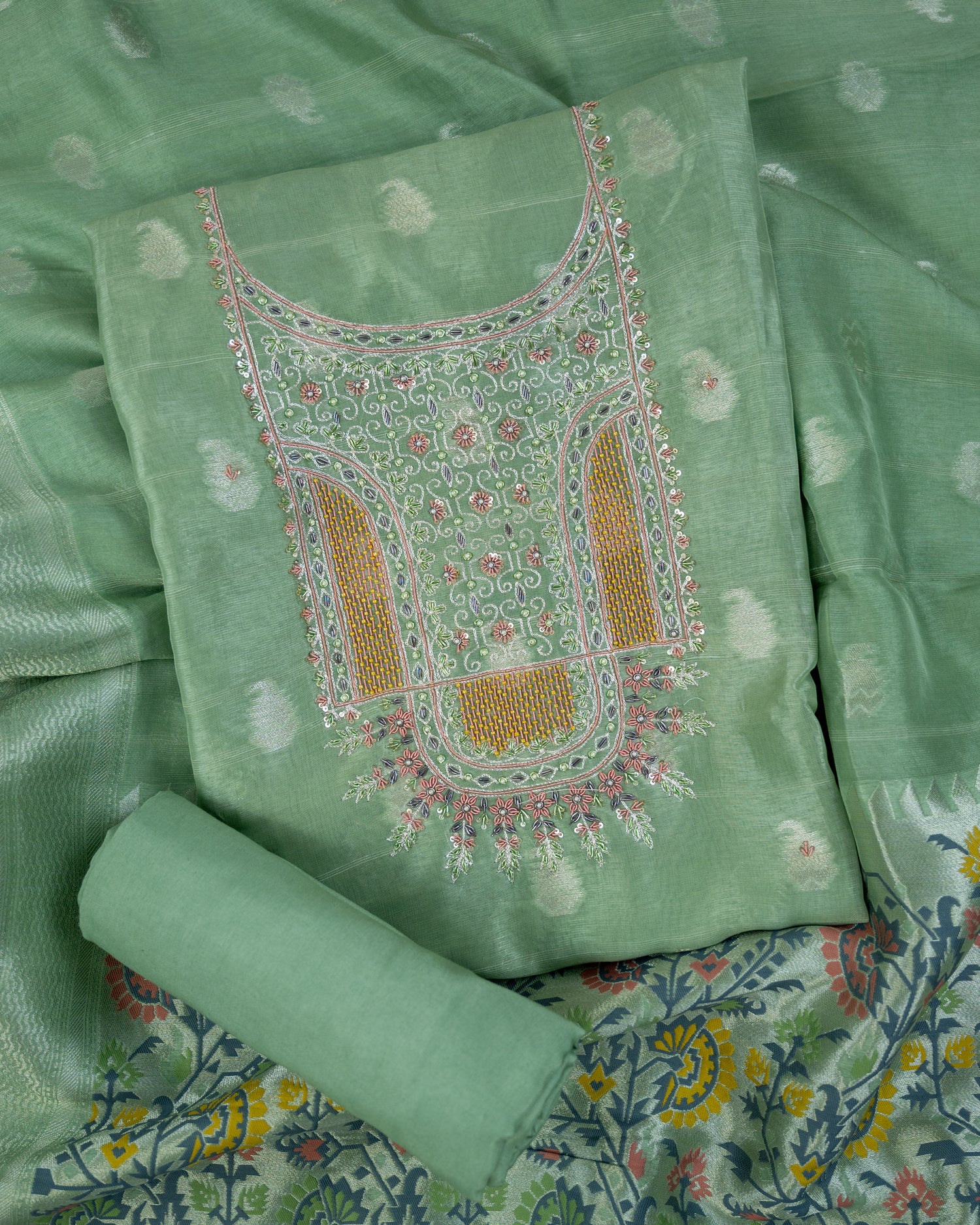 MADHUMALTI-Unstitched Linen Tissue Suit Set