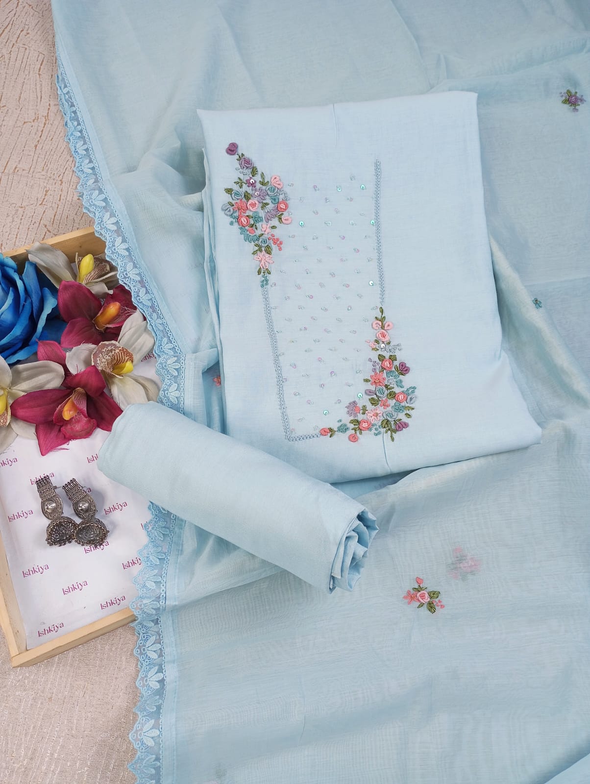 GULMOHAR-Unstitched Mul-Chanderi Suit Set