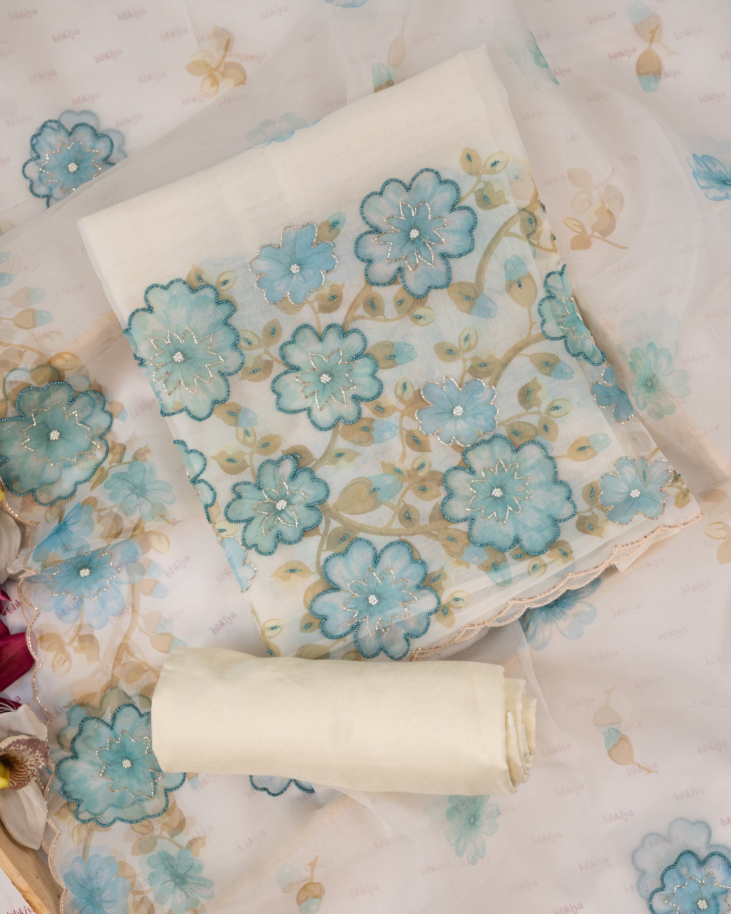 GULAAB-Unstitched Organza Tissue Suit Set