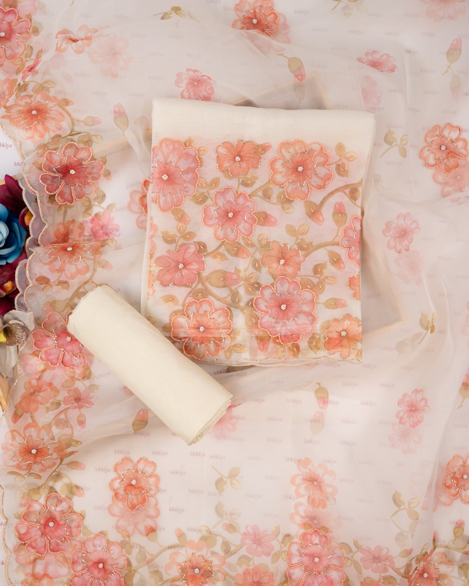 GULAAB-Unstitched Organza Tissue Suit Set