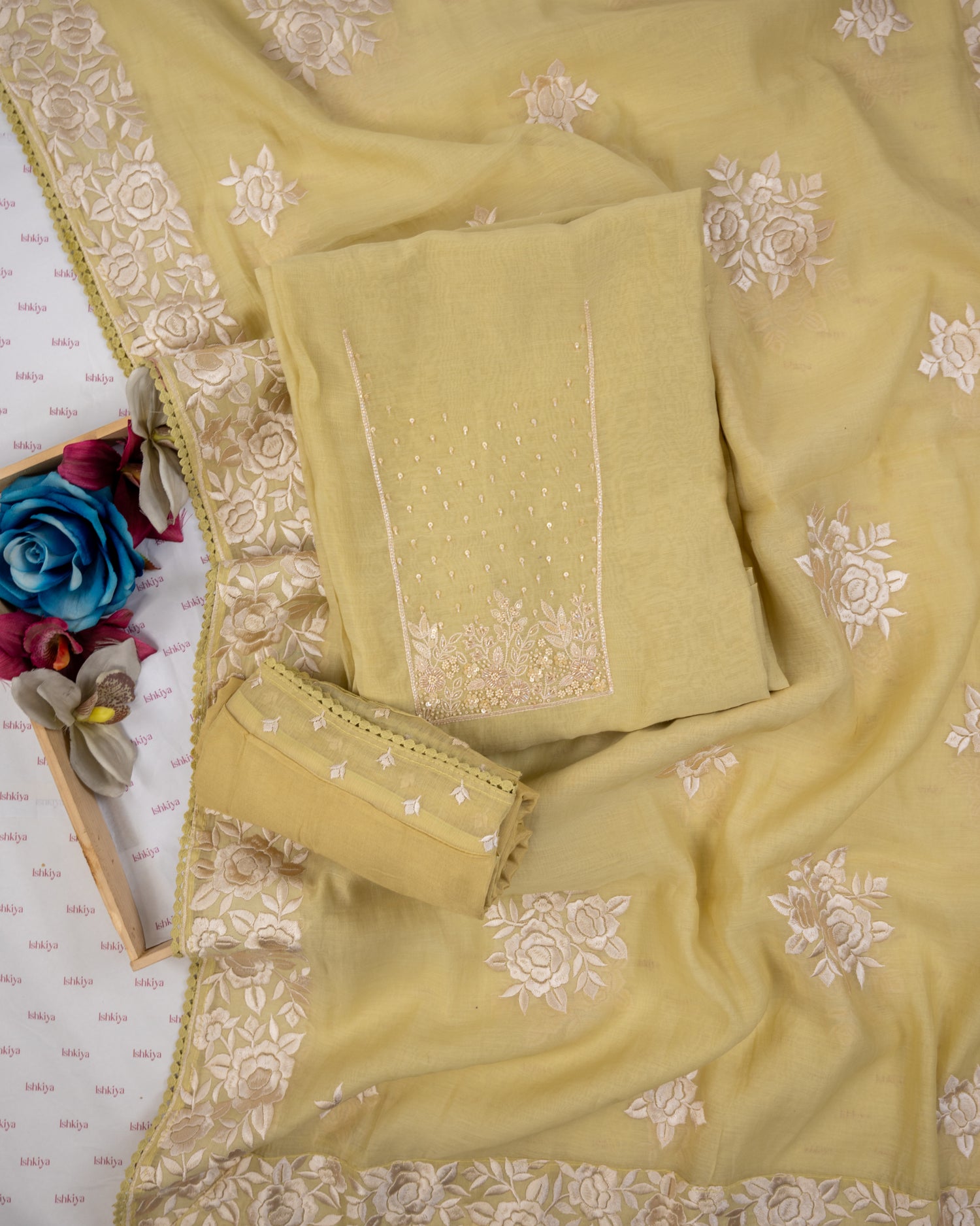 HARSINGAR-Unstitched Mul-Chanderi Suit Set