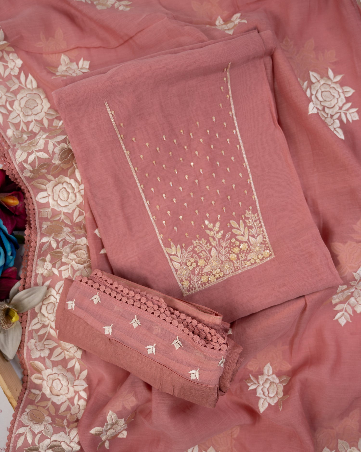 HARSINGAR-Unstitched Mul-Chanderi Suit Set