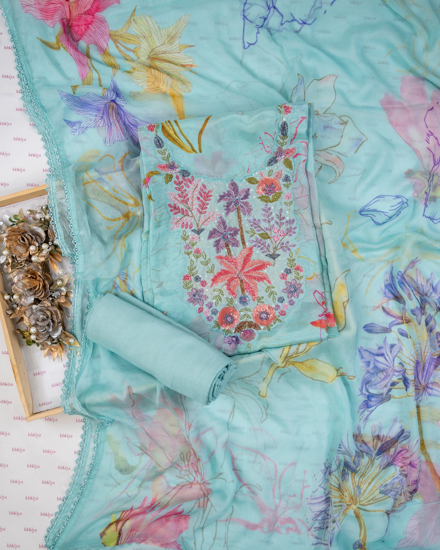 SARSABZ-Unstitched Chinon Silk Suit Set