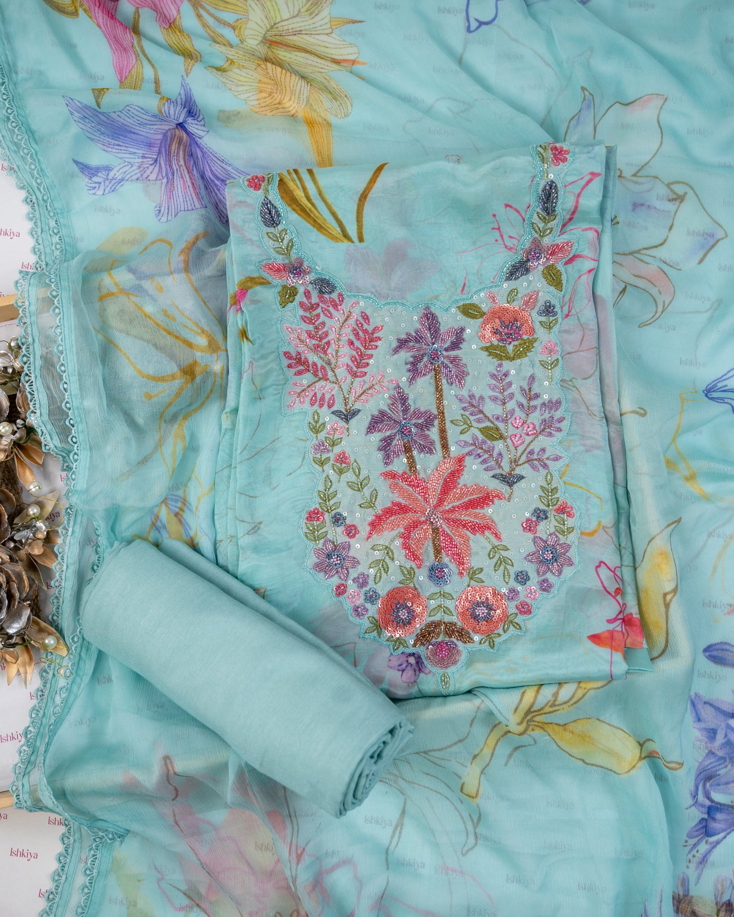 SARSABZ-Unstitched Chinon Silk Suit Set
