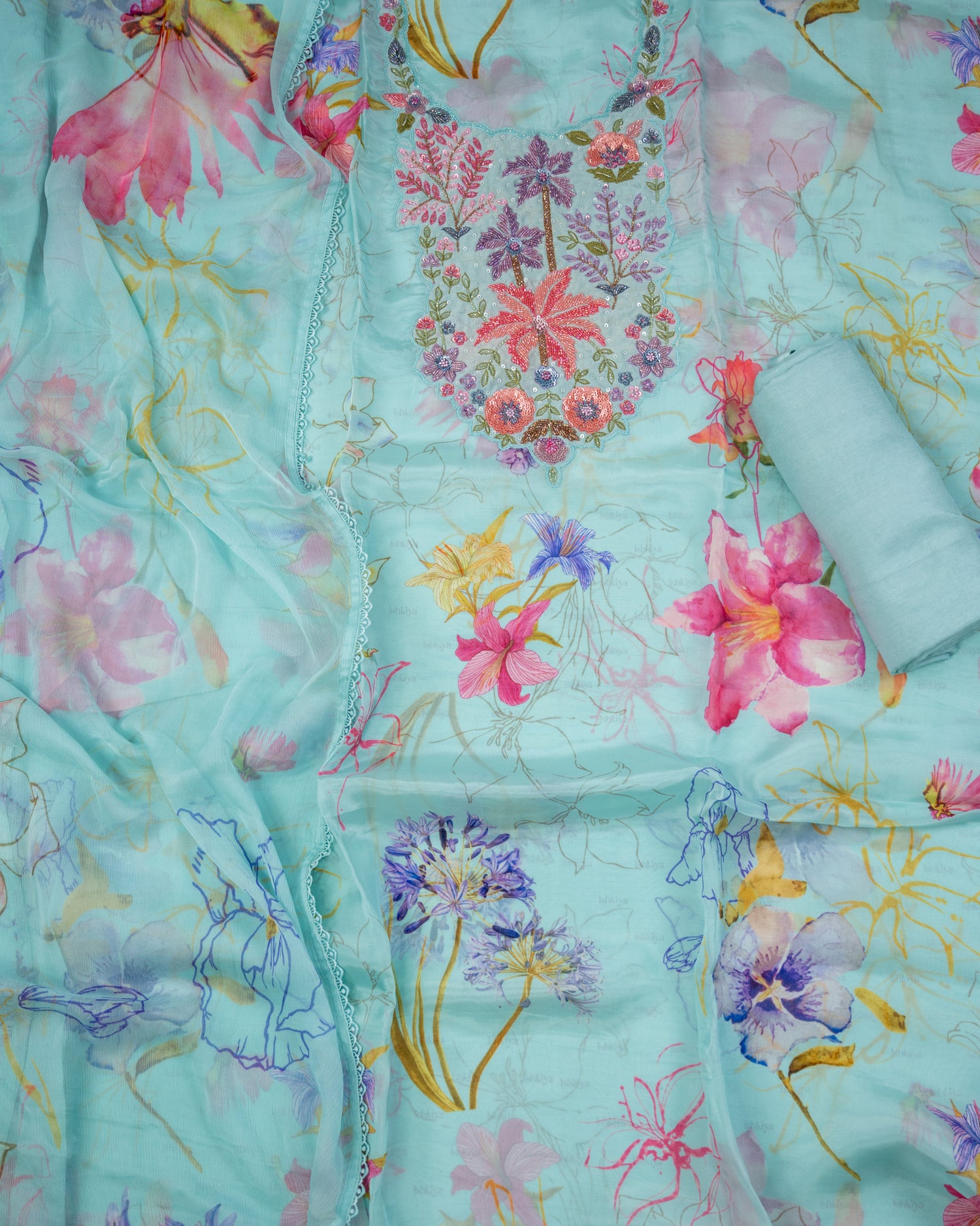 SARSABZ-Unstitched Chinon Silk Suit Set