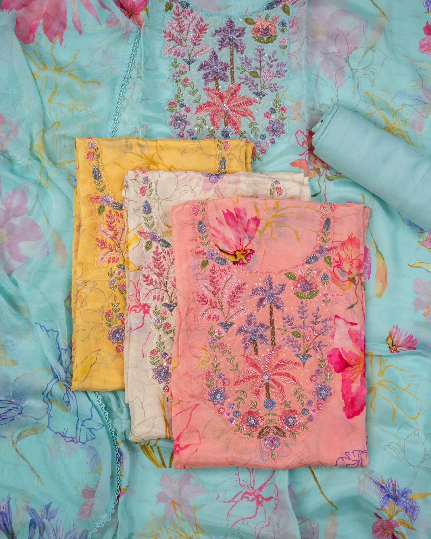 SARSABZ-Unstitched Chinon Silk Suit Set