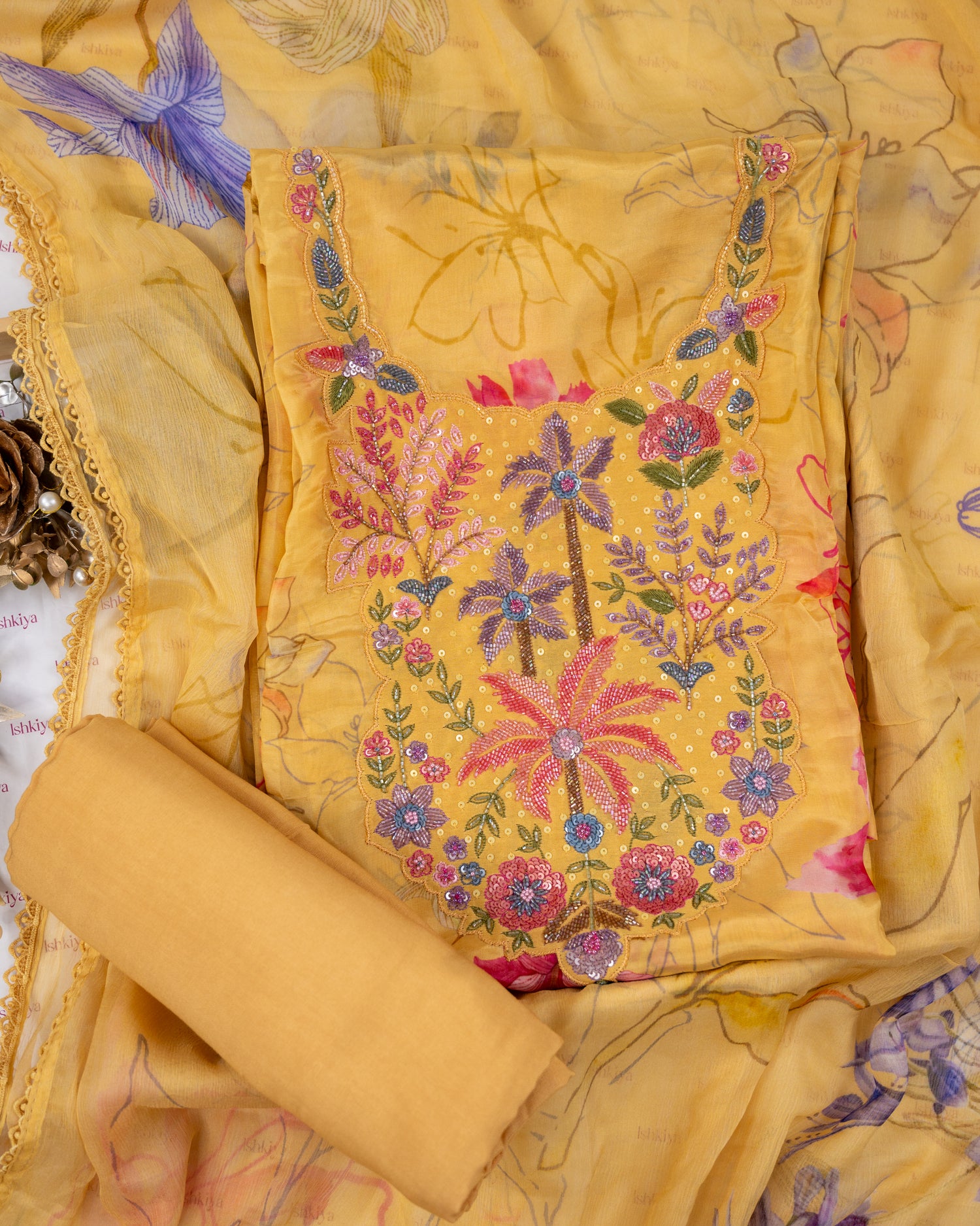 SARSABZ-Unstitched Chinon Silk Suit Set