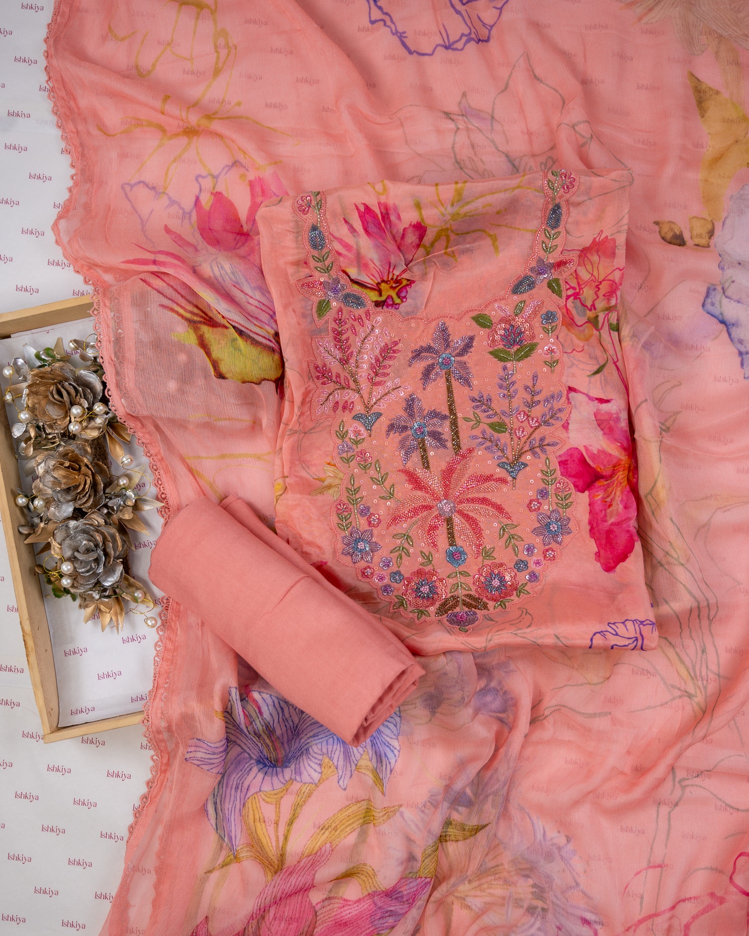 SARSABZ-Unstitched Chinon Silk Suit Set