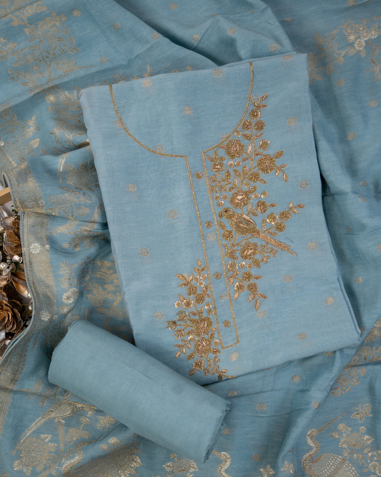 AAB-Unstitched Mul-Chanderi Suit Set
