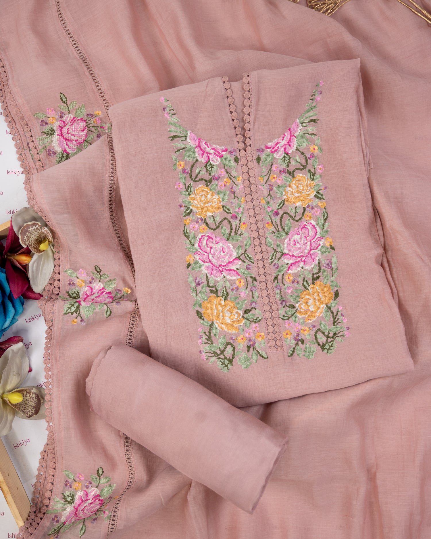 KIRAN-Unstitched Mul-Chanderi Suit Set