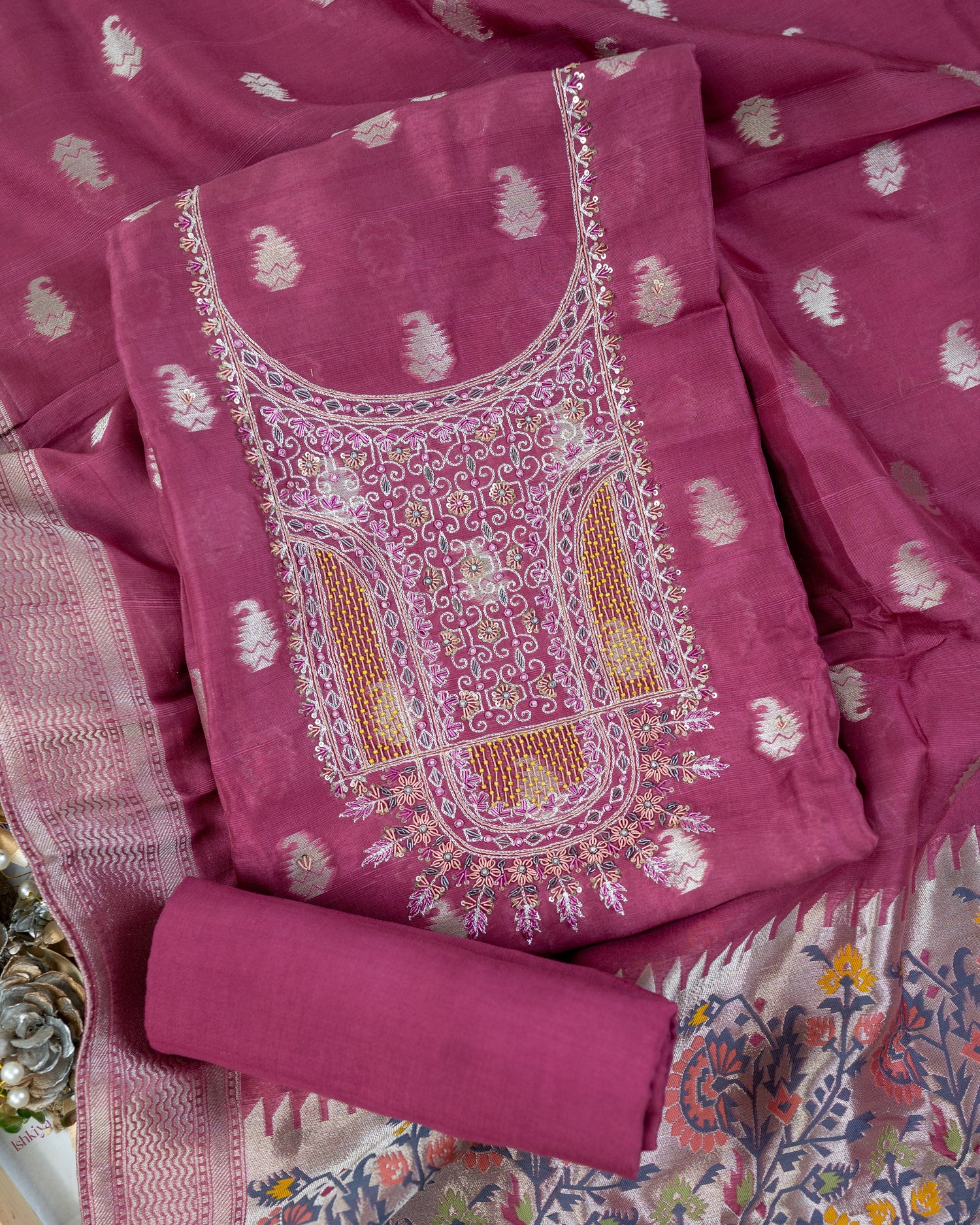RIVAZ-Unstitched Banarsi Linen Suit Set