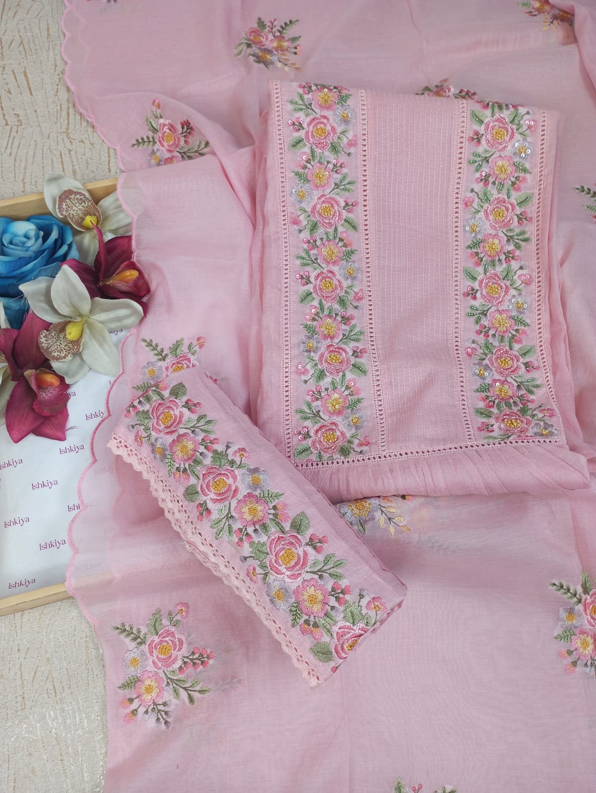 KESAR-Unstitched Mul-Chanderi Suit Set