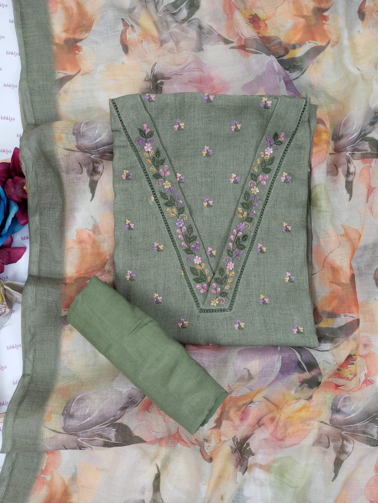 AWAARA-Unstitched Jute Linen Suit Set