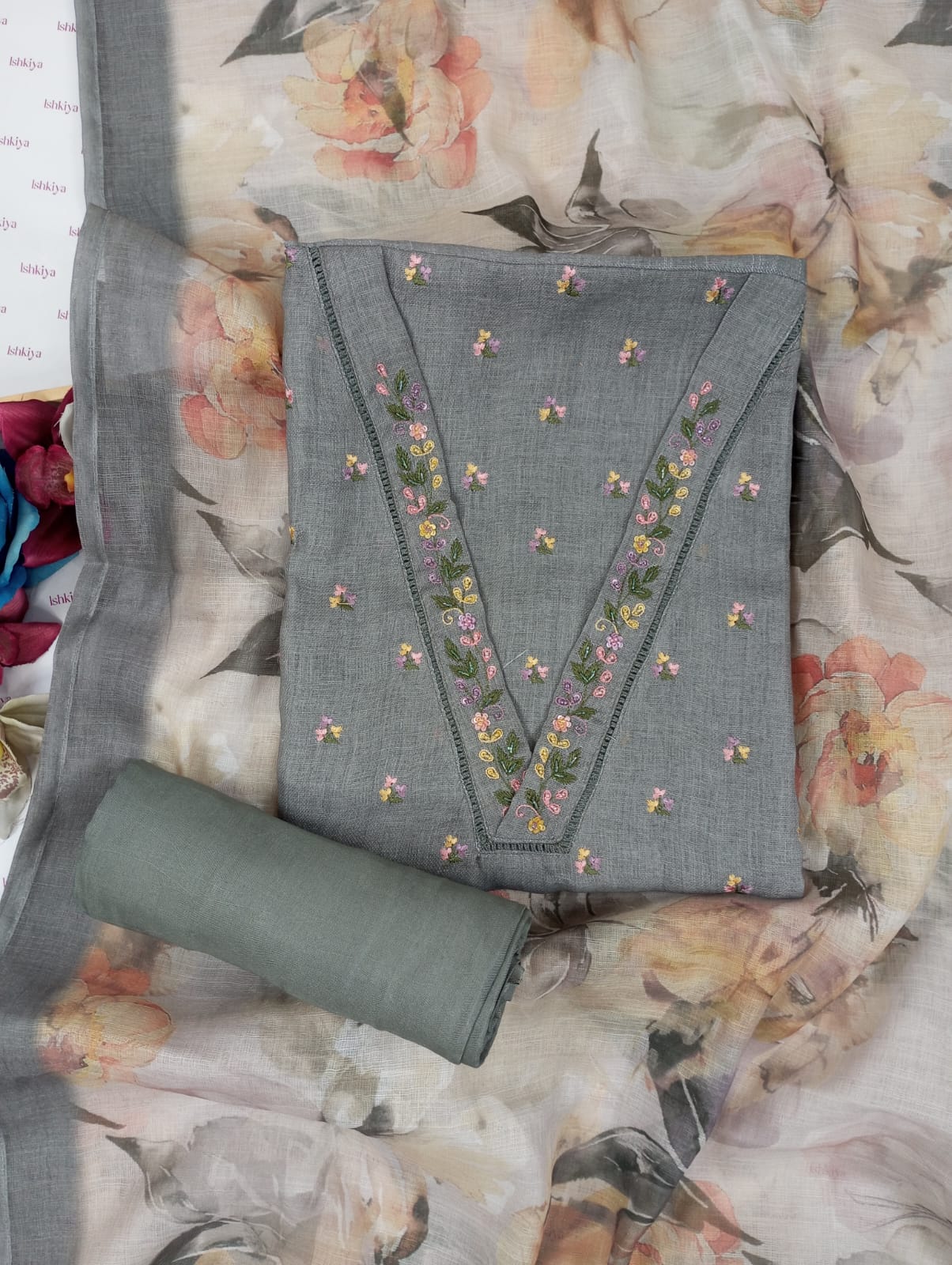 AWAARA-Unstitched Jute Linen Suit Set