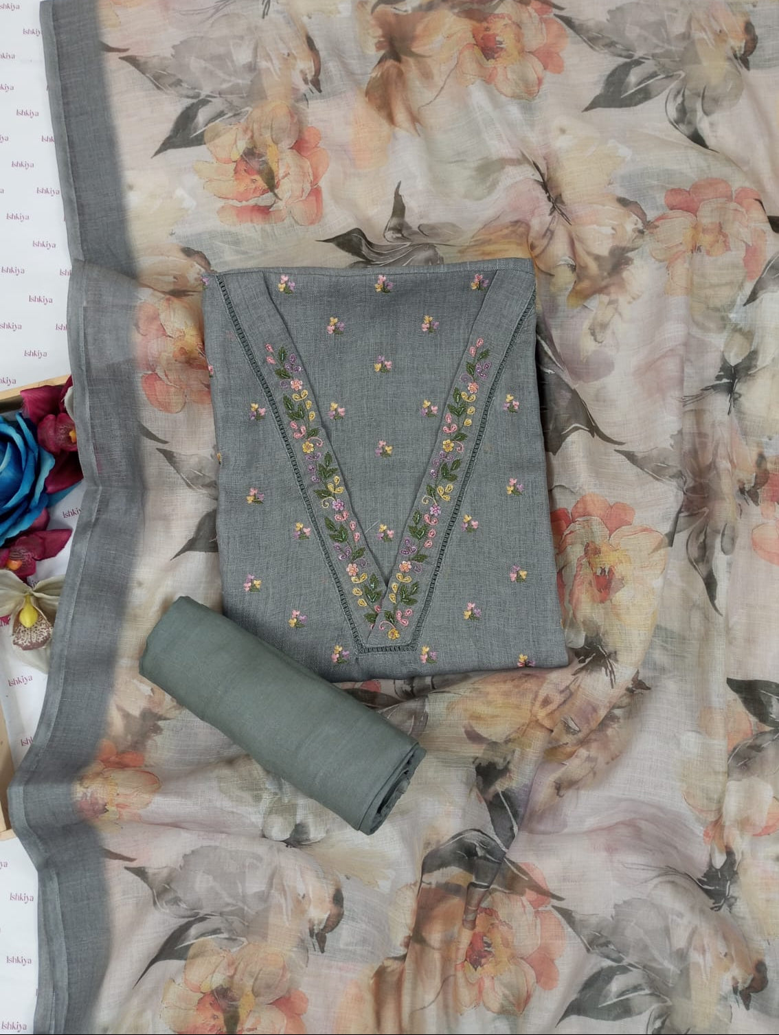 AWAARA-Unstitched Jute Linen Suit Set