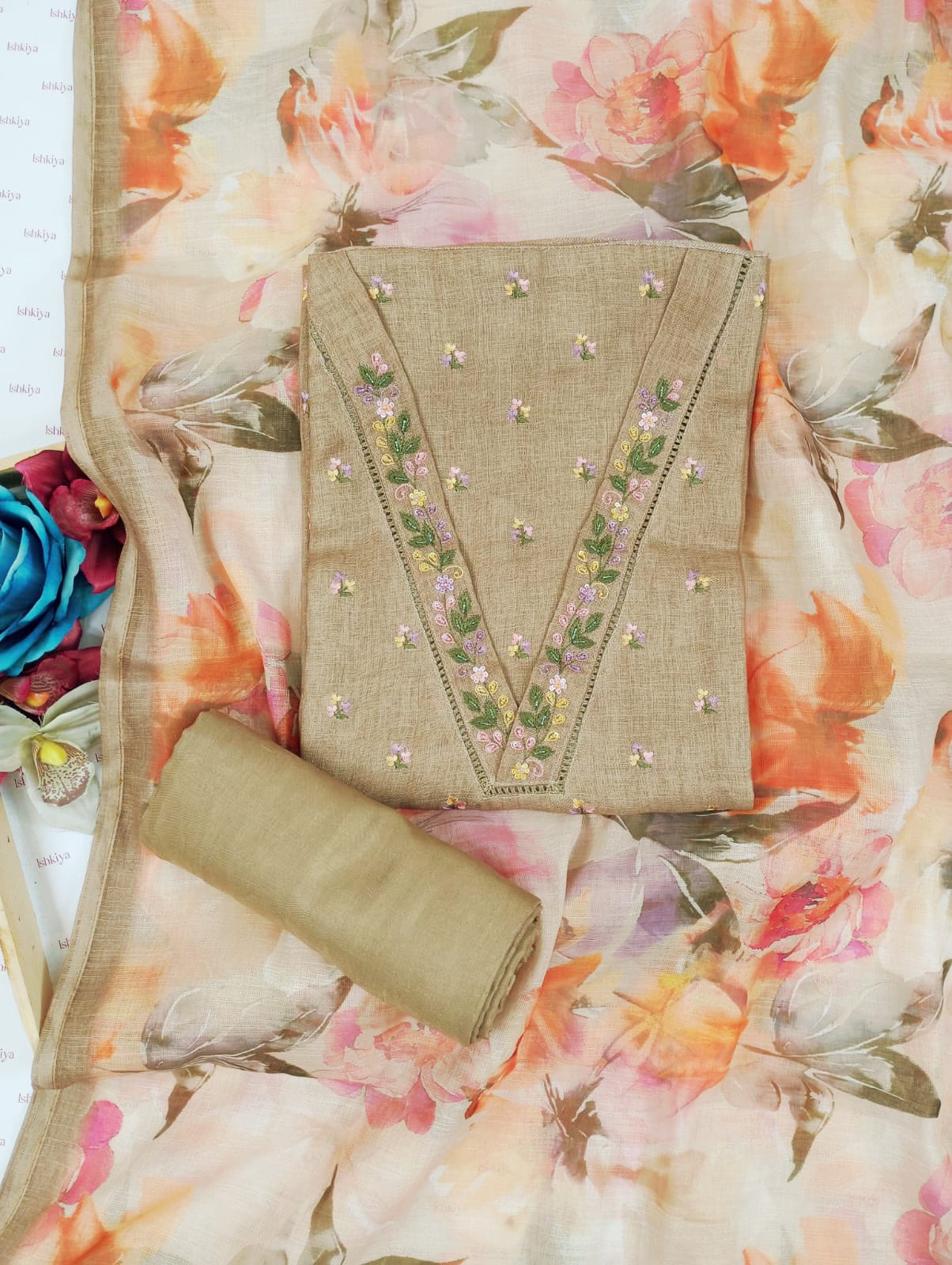 AWAARA-Unstitched Jute Linen Suit Set