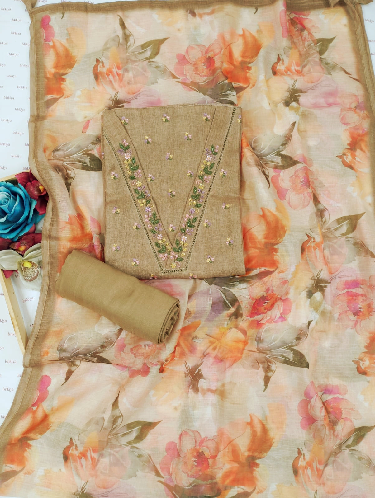 AWAARA-Unstitched Jute Linen Suit Set