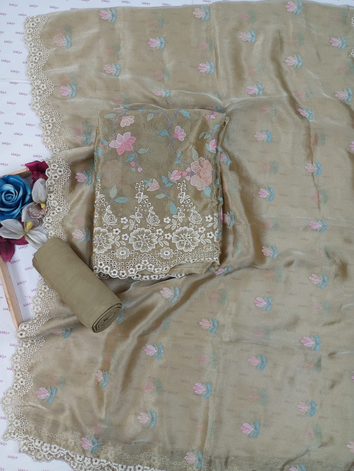 JUNOON-Unstitched Linen Tissue Suit Set