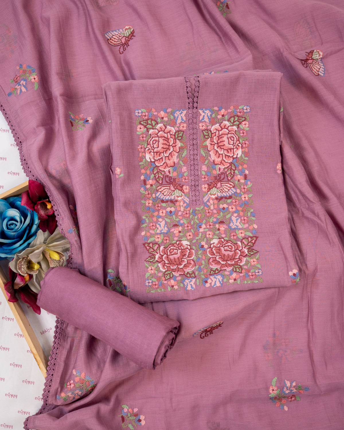 MANZIL-Unstitched Mul-Chanderi Suit Set
