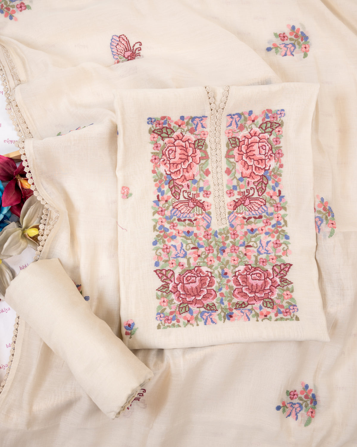 MANZIL-Unstitched Mul-Chanderi Suit Set