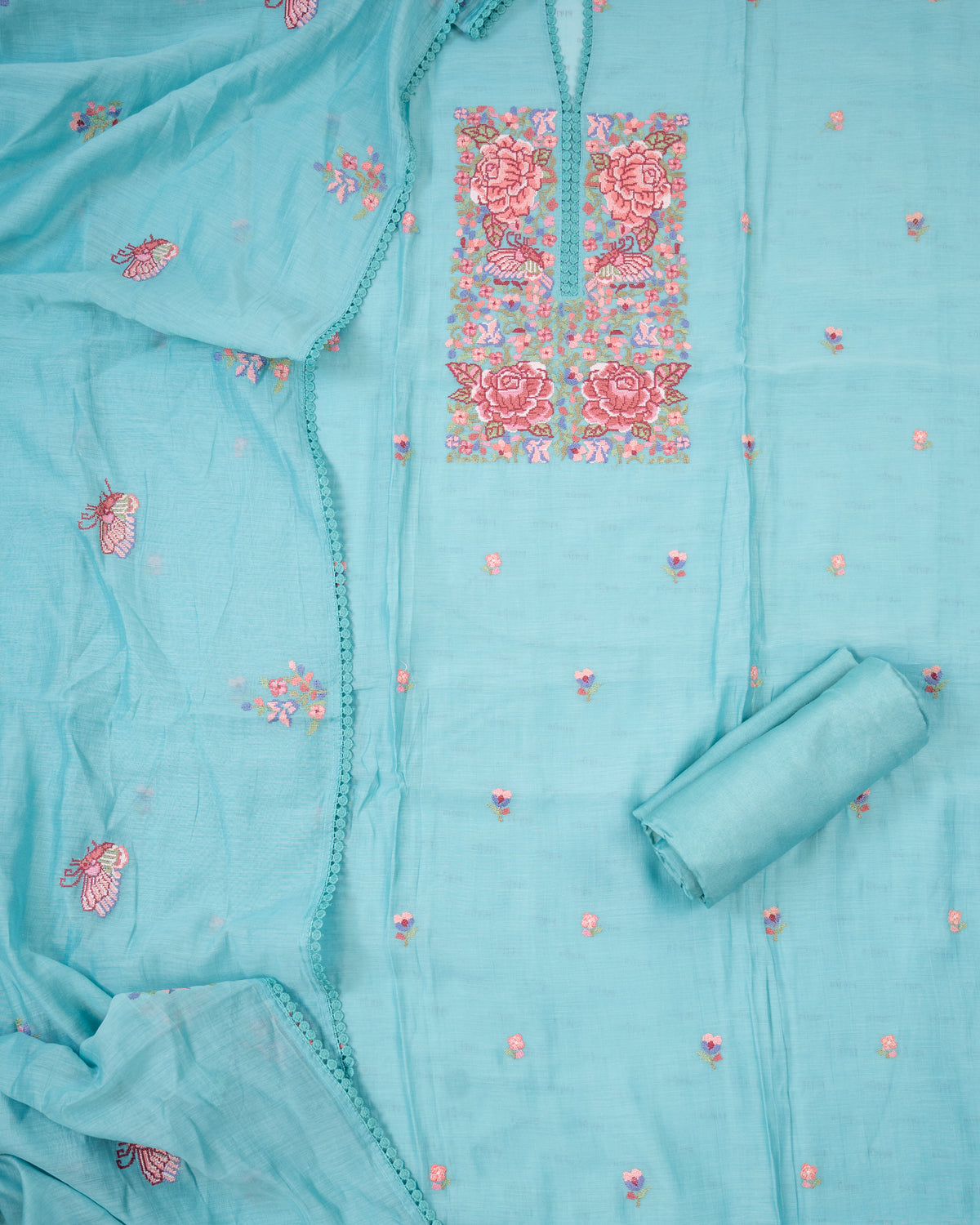 MANZIL-Unstitched Mul-Chanderi Suit Set