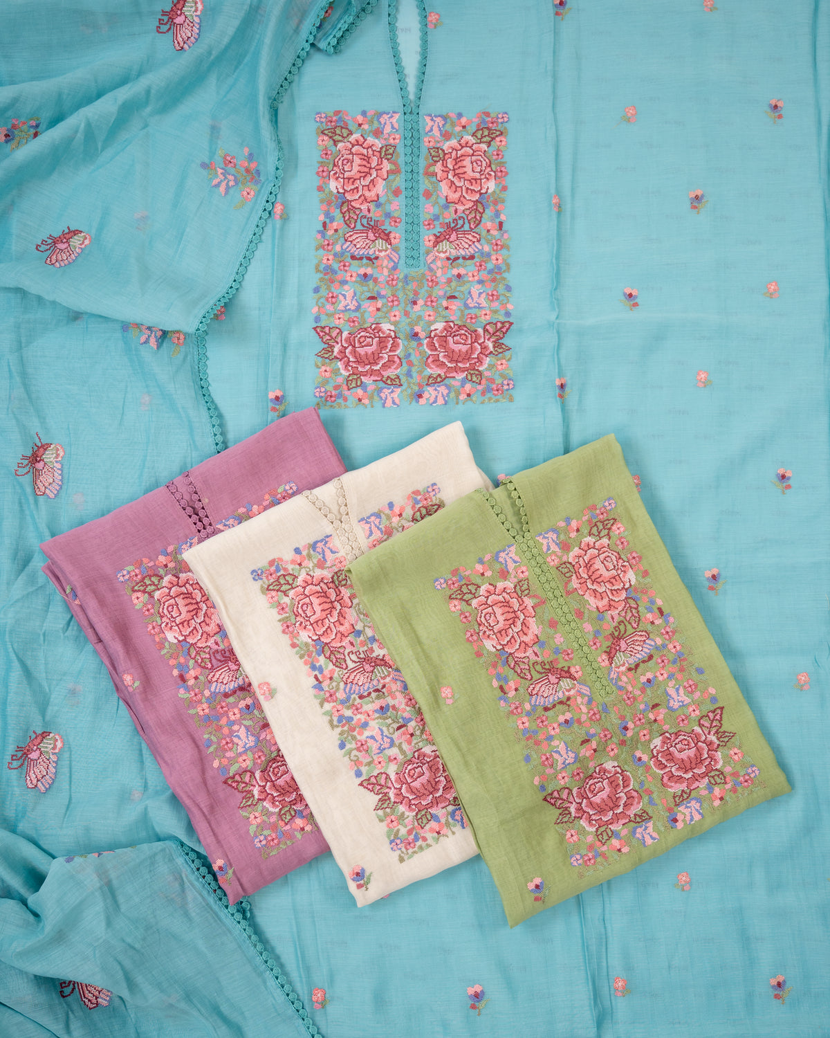 MANZIL-Unstitched Mul-Chanderi Suit Set