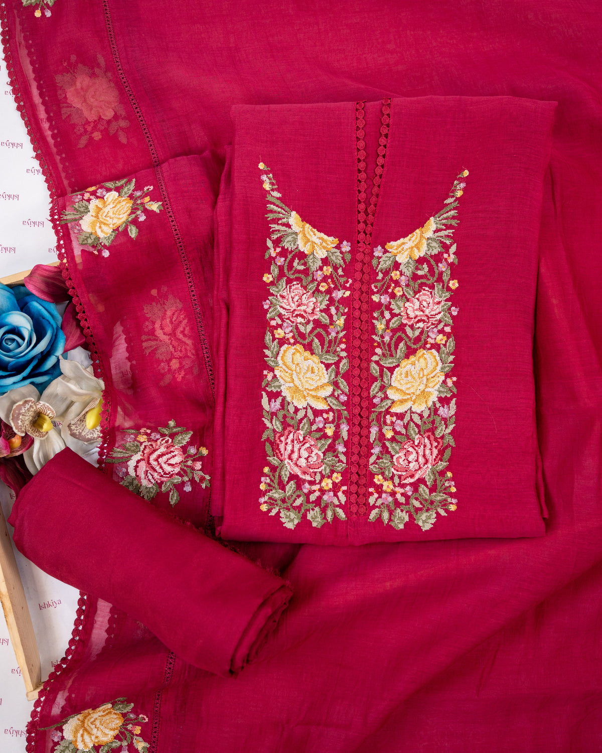 KIRAN-Unstitched Mul-Chanderi Suit Set