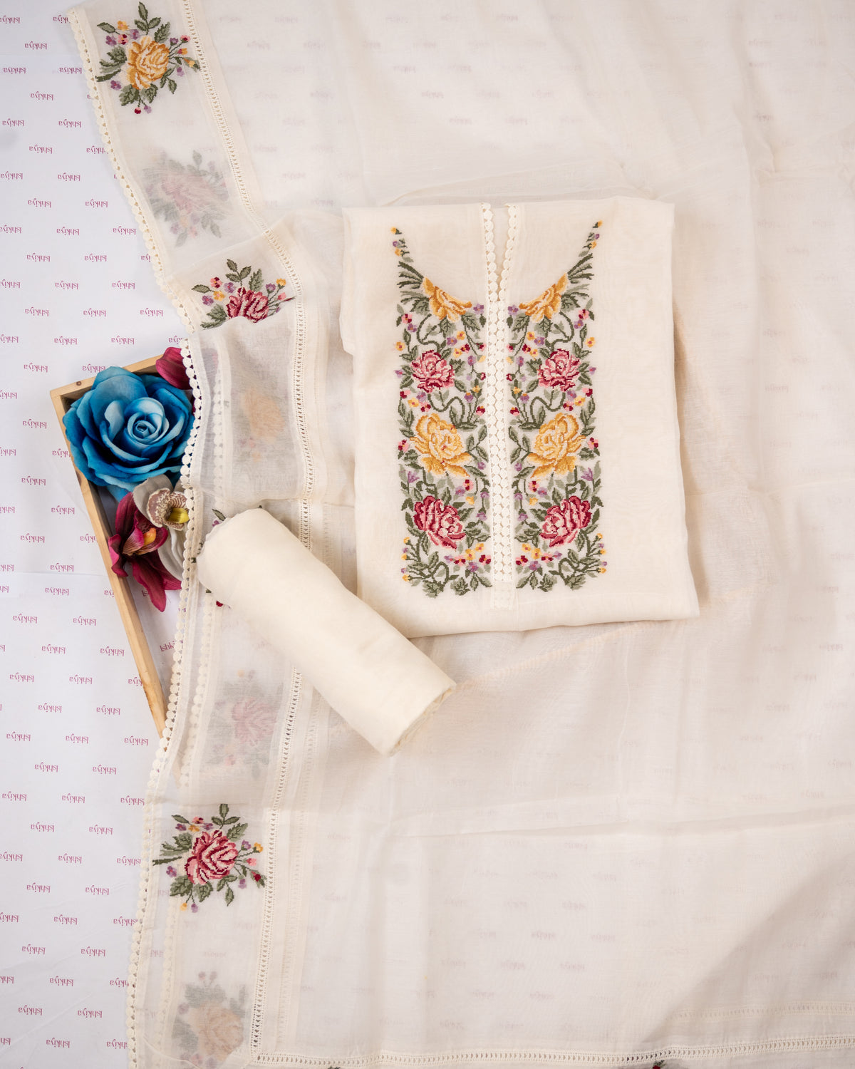KIRAN-Unstitched Mul-Chanderi Suit Set