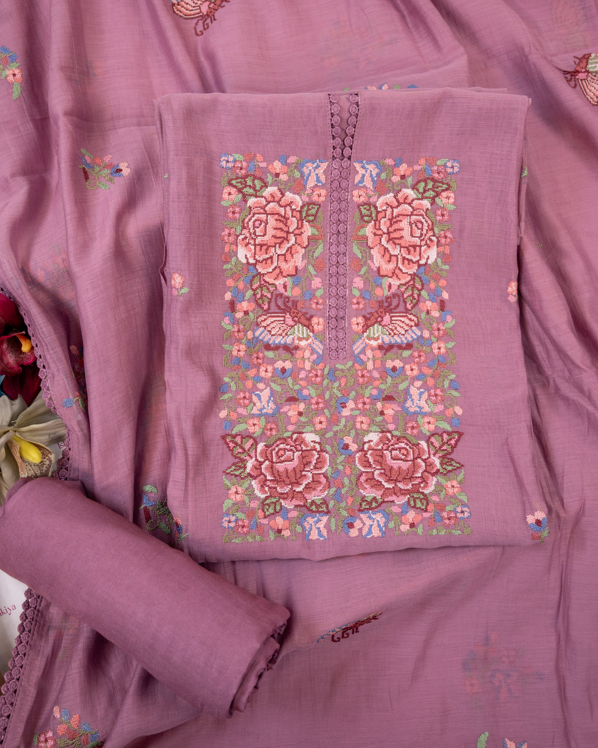 MANZIL-Unstitched Mul-Chanderi Suit Set